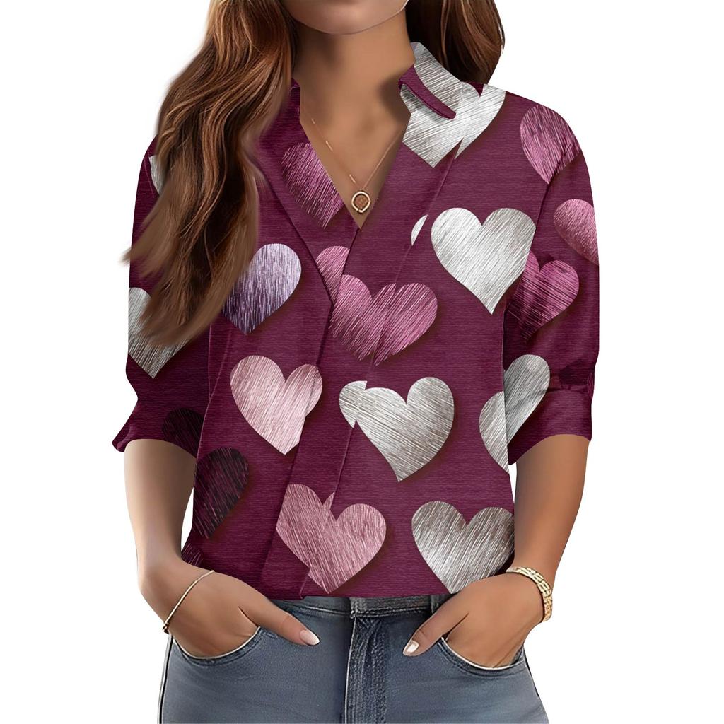 Damen 3/4-Ärmel V-Ausschnitt Hemd Bedruckte Arbeitskleidung Lässig Regulär Hemdkragen Oberteil