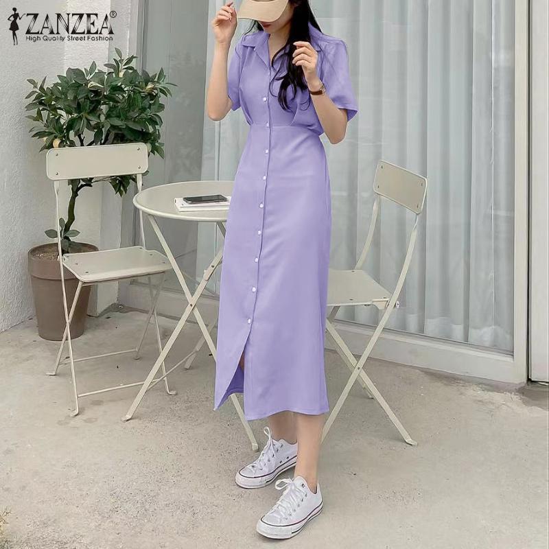 

ZANZEA Женщины Летняя мода Отвернутый воротник Короткий рукав Slim Fit Длинное платье