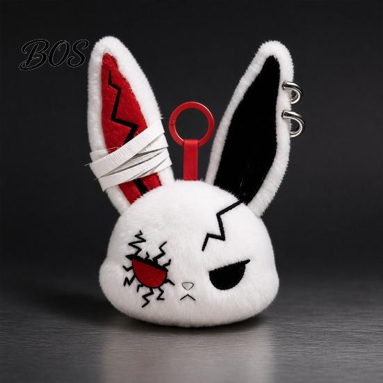 Stress Relief Plush Doll with Metal Hanging Loop, Dark Style Rabbit Pendant Bandage Stitched Keychain Toy, Funny Expression Doll, Collectible Toy Loop