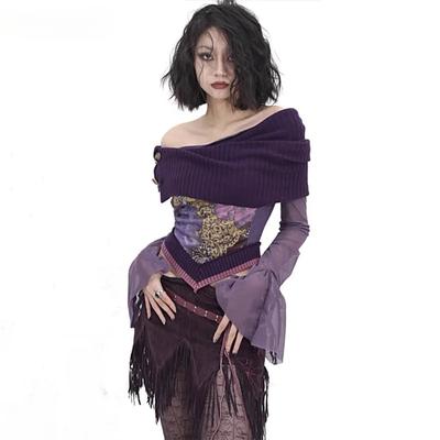 2KWEIRD Japanese Y2k Off Shoulder Top Grunge Aesthetics Knitted Mesh Top Vintage Trashy 2000s Flare Sleeve Purple T Shirt Gothic