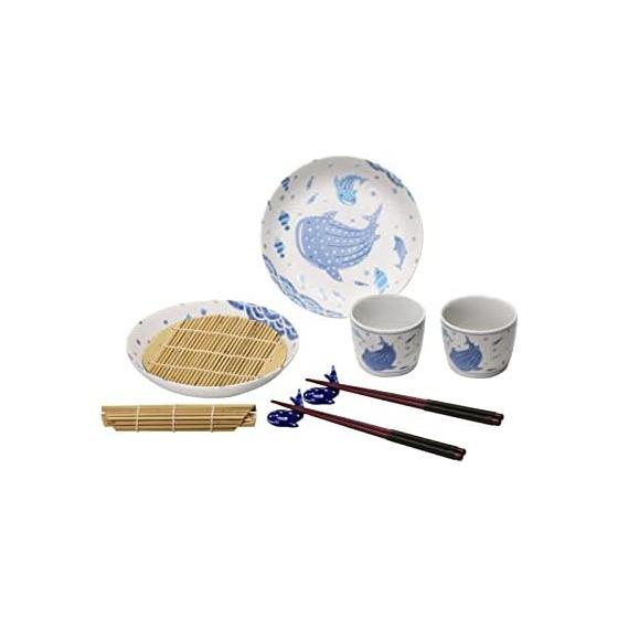 Wave Jinbei Zaru Soba Set - 2x 6.0 Noodle Plates, 2x Soba Chochin, 2x Chopstick Rests, 2x Bamboo Mats, JG-015, Whale Shark, Sea Creatures, Cool