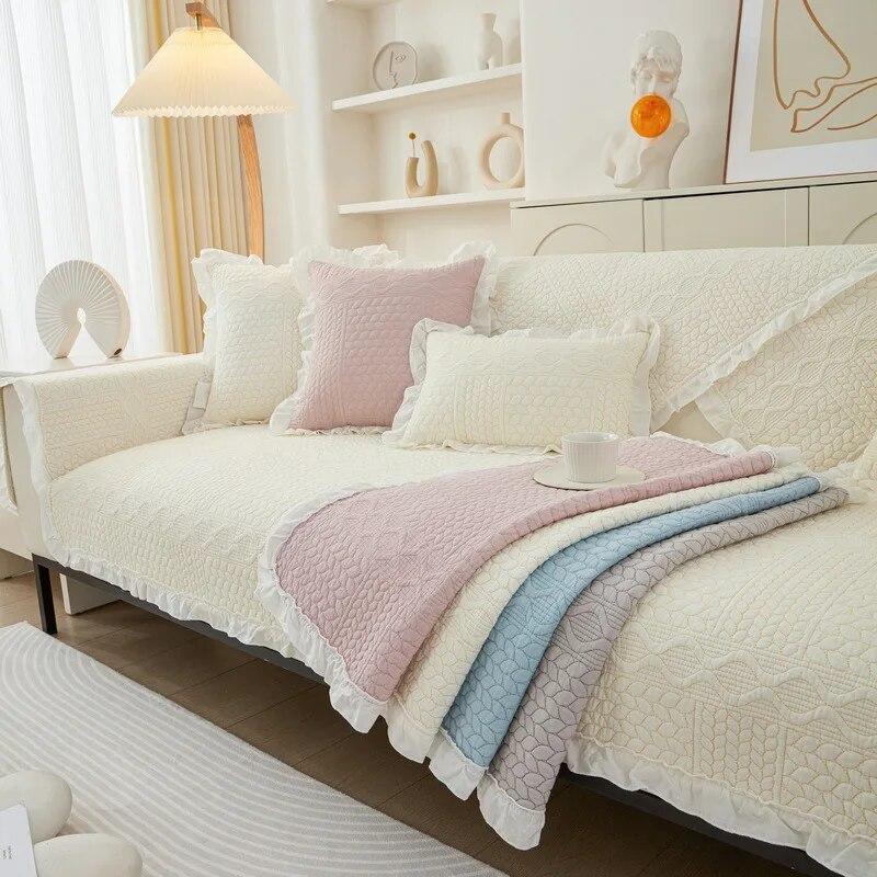 Solid Color Cotton Sofa Cushion Cream Style Lace Sofa Cover Autumn Winter Anti Slip Pure Cotton All Season Universal Sofa Cover