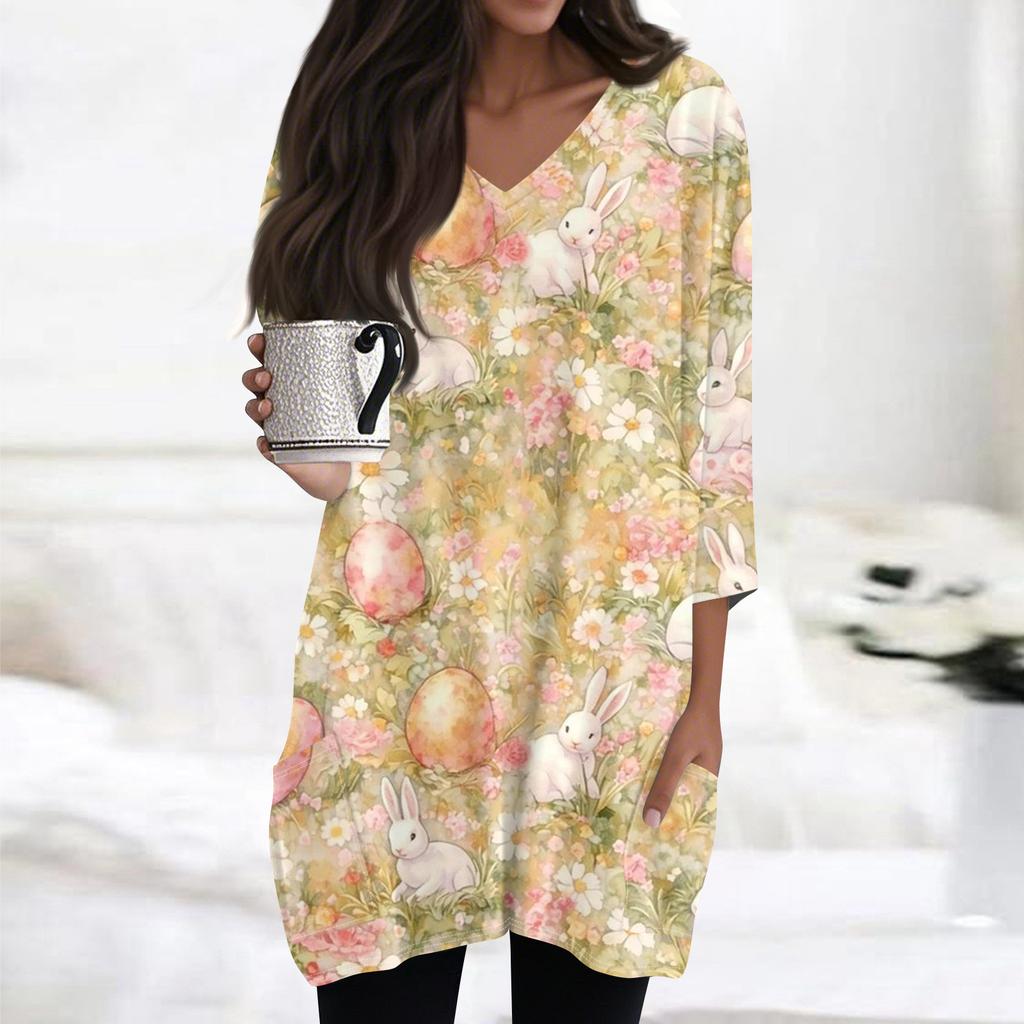 Womens Tops V-neck 3/4 Sleeve Blouses Casual Mid-length Shirts Fashion Print Tunic Tops With Pockets