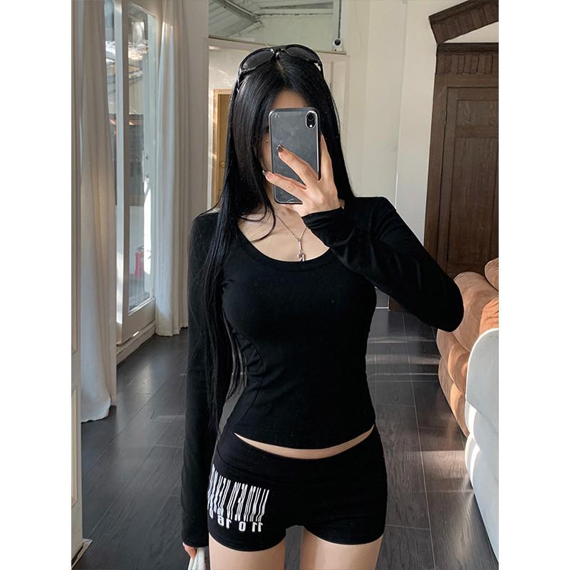 Women's U-Neck Cropped Long-Sleeve T-Shirt - Spring/Autumn Style