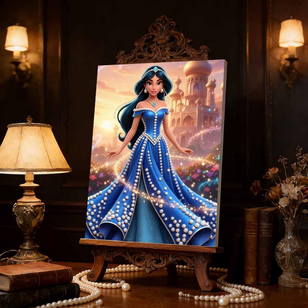 Disney Pearl Painting Jasmine Princess Blue Pearl Strapless Floor Length Dress 5D Pearl Embroidery Cross StitchSetforHomeandClassroomDecorationPurpose
