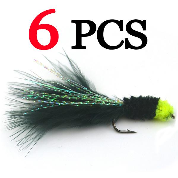 MNFT 6PCS 6# Black Egg Sucking Leech Fly Yellow Head Marabou with Flashabou Trout Fishing Streamer