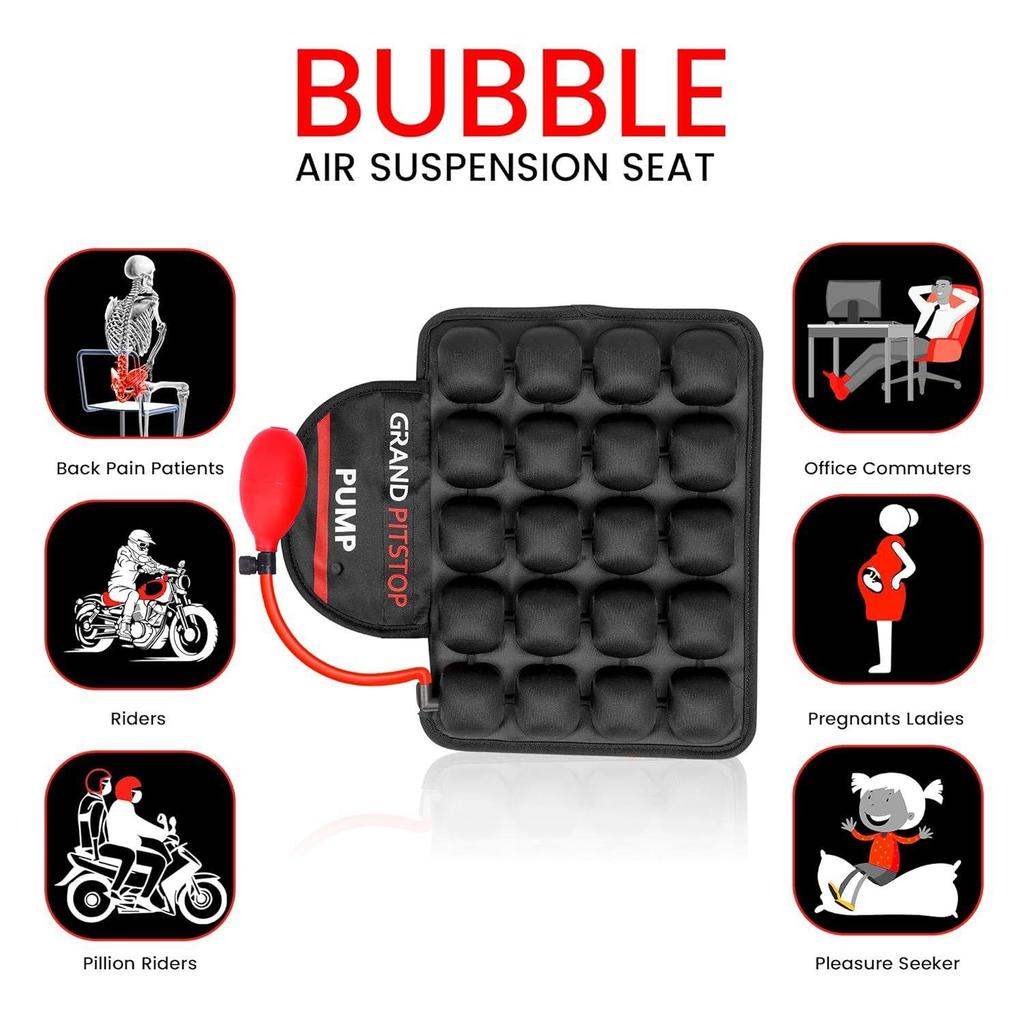 Motorcycle Pillion Air Seat Cushion with Air Filling Pump | Mesh Cover with Non-Skid Base | Bike Seat Cushion for Pillion Riders | Easy Air Fill