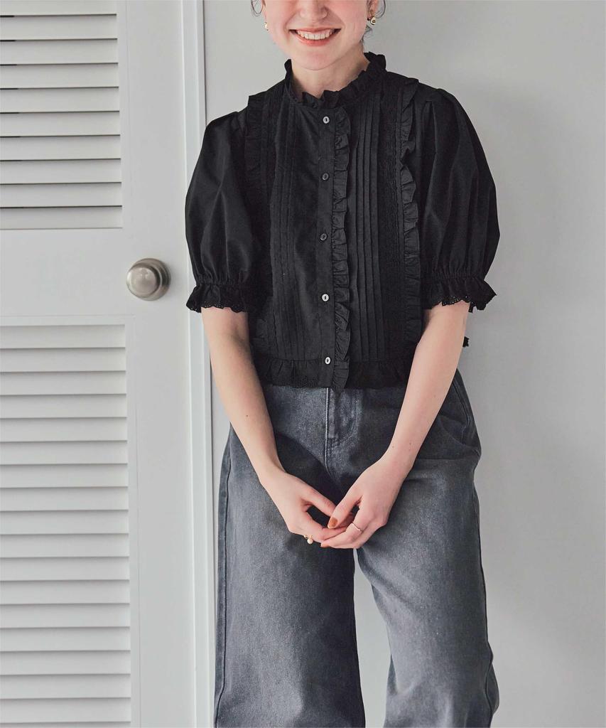 Titibait Ruffle Lace Design Blouse AFXP4267 L Black Women's