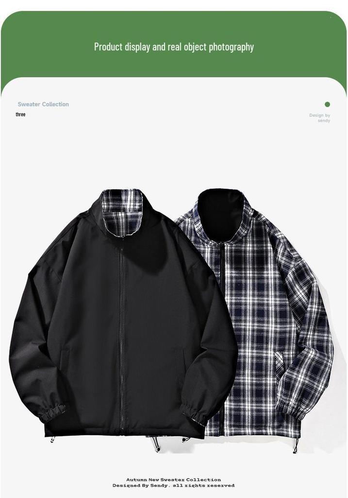 Trendy Cross-Lattice Double-Sided Spring/Autumn Cool Streetwear Jacket with Stand Collar