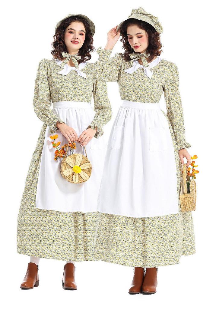 Prairie Colony Geel Bloemig Pionierskostuum Jurk met Schort voor Halloween