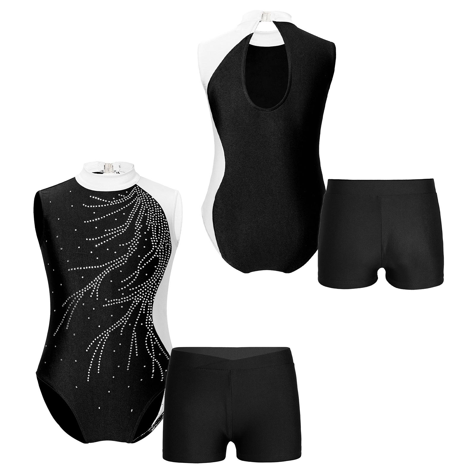 

2 шт. Діти, дівчата, без рукавів, блискучий декор зі стразами, гімнастичні трико, балетні танцювальні комбінезони з шортами 9-10 Years білий