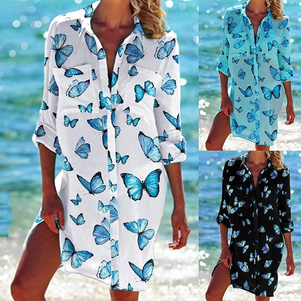Mode Damen Langarm V-Ausschnitt Schmetterling bedruckt Tasche bedruckt Hemdkleid