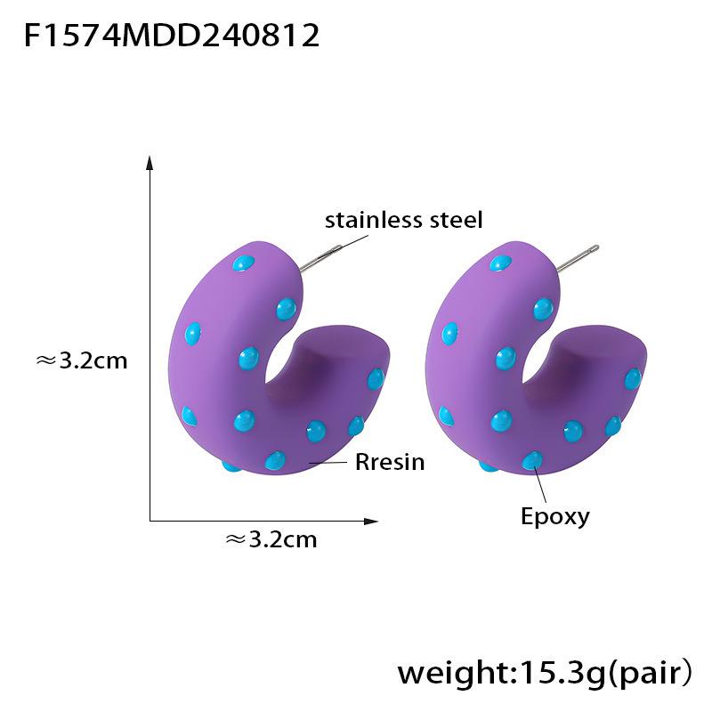 Eco-Friendly Resin Polka Dot C-Shaped Earrings - Trendy Pastoral Style with Stainless Steel, European & American Jewelry.