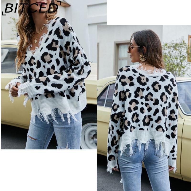 BITCED Women's Oversized Cropped V-Neck Sweater Women's Knit Sweater with Fringe for Fall/Winter