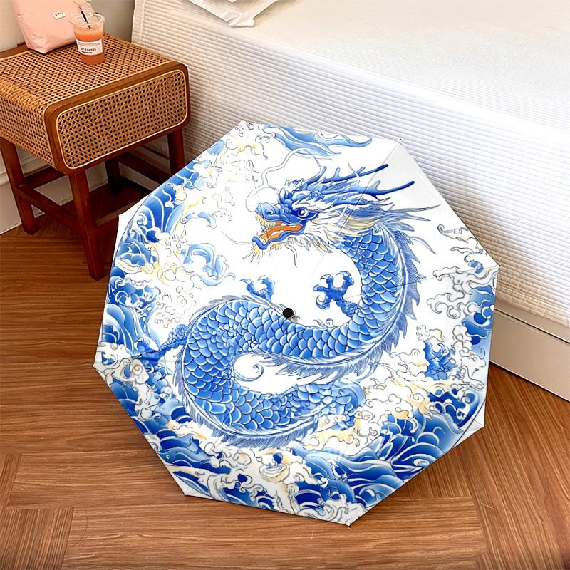 

1 PC Automatic Folding Umbrella - Blue and White Dragon Pattern, Portable & Foldable Design with 8 Ribs, Christmas Birthday Gifts