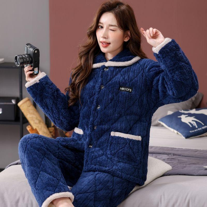 Pajamas women's winter three-layer thickened models fleece coral fleece warm padded cotton autumn and winter women's loungewear