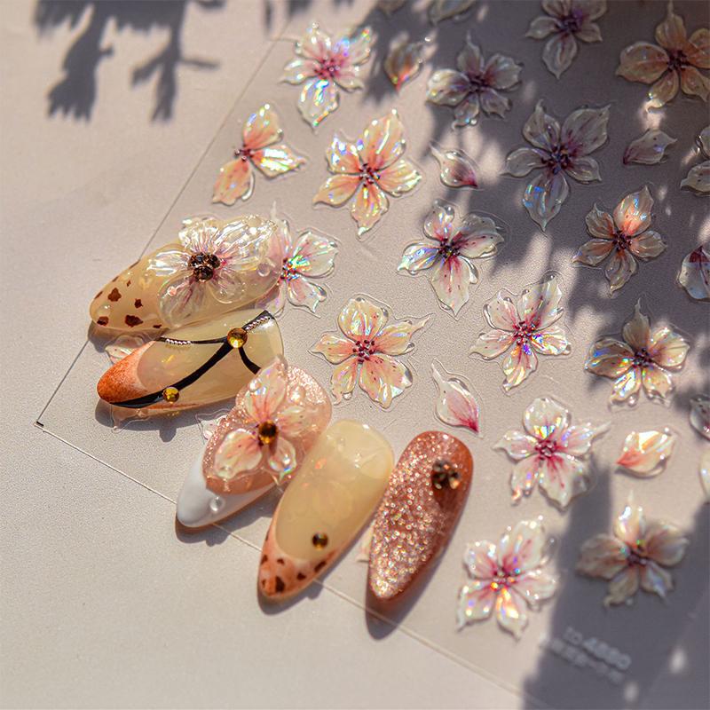 Körsbärsblommor Sakura Vår 5D Nageldekorationsklistermärke Guldstämpling Mjukt Lim Reliefklistermärke Chic Manikyrdekaler