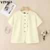 VONDA Women Short Sleeve Side Buttons Up Ruffled Solid Casual Blouse