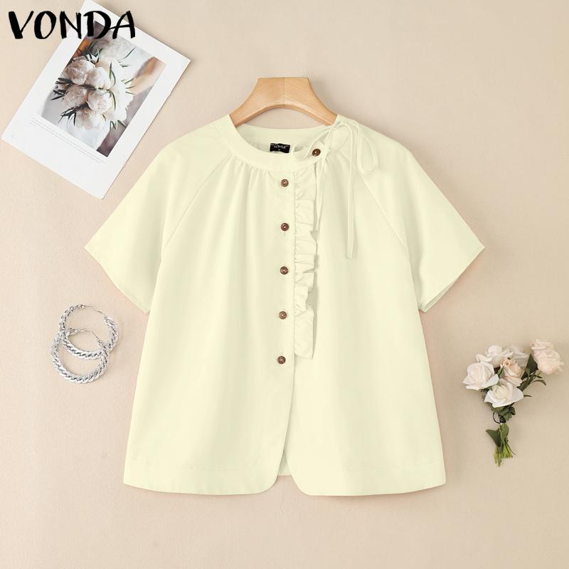 VONDA Women Short Sleeve Side Buttons Up Ruffled Solid Casual Blouse