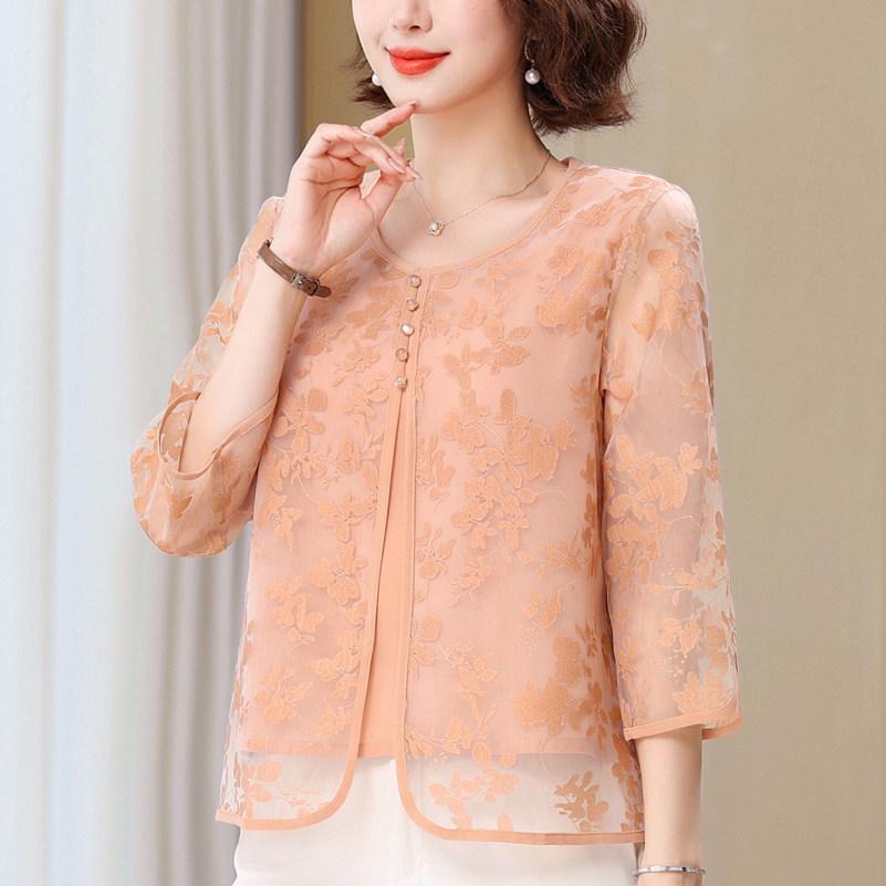 

Mom s Spring Chiffon Faux Two-Piece Top - 2026 Three-Quarter Sleeve Summer Shirt for Middle-Aged & Elderly Women 5XL (Recommended 150-165 jin)