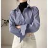 Classic Striped Woman Spring Autumn Blouses Shirt Lady Long Lantern Sleeve Stand Collar Loose Blusas Tops