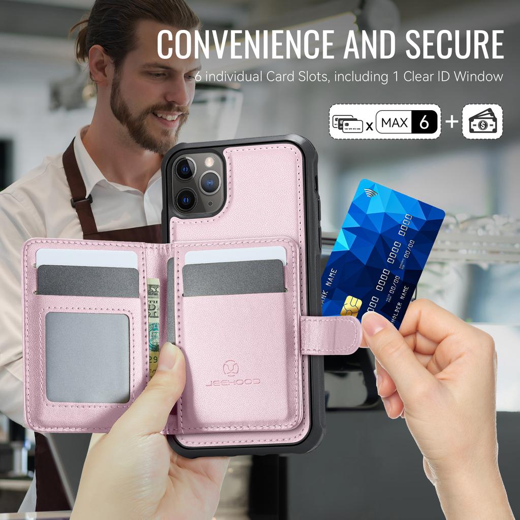 For iPhone 12 Pro Max 6.7 inch Case JEEHOOD J09 RFID Blocking Card Holder Leather Back Phone Cover Compatible with MagSafe