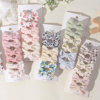 Lot de 6 Pinces à Cheveux Bébé Nœud Doux Tissu Coton à Carreaux Fleurs Pois Barrettes Accessoires de Cheveux Filles Princesses Enfants