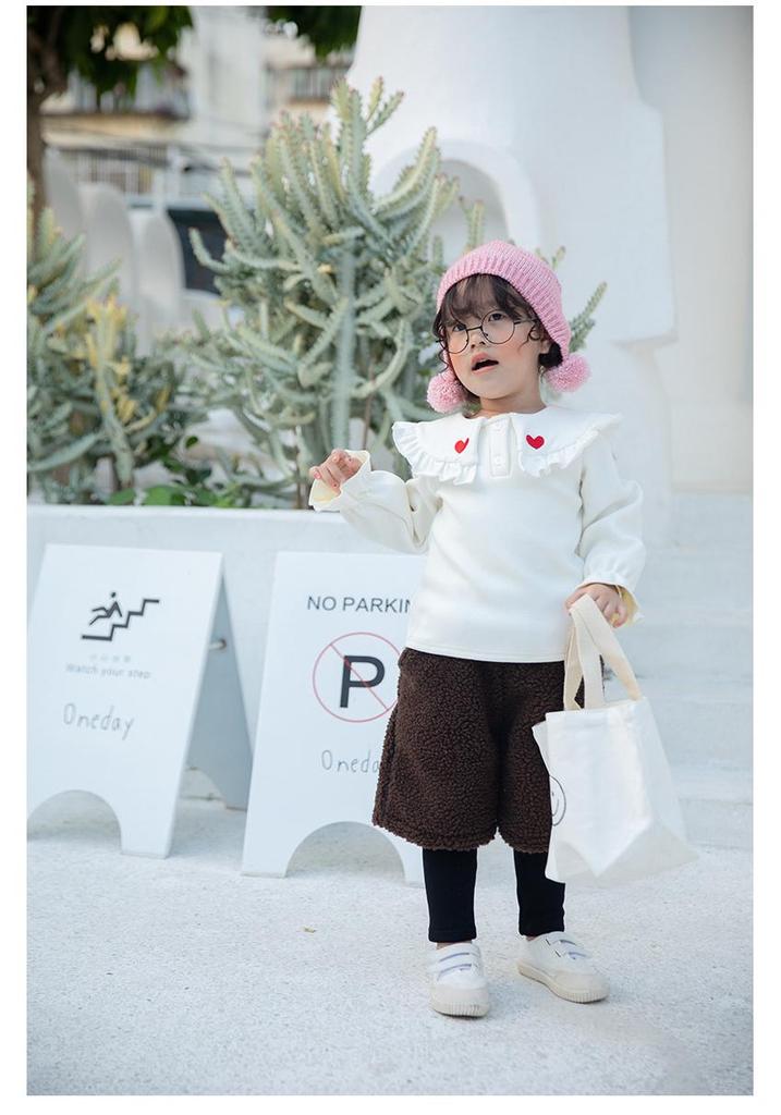 2022 Autumn/Winter Heart Embroidery Velvet Children's T-shirt with Sweet Big Lapel