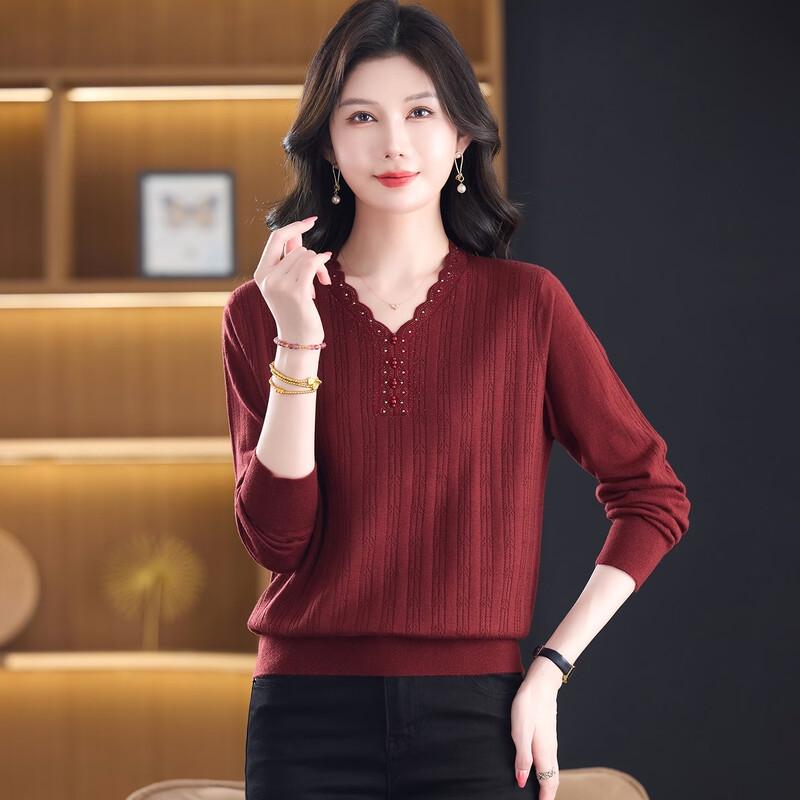 Women's V-Neck Ribbed Knit Long-Sleeve Mature Top