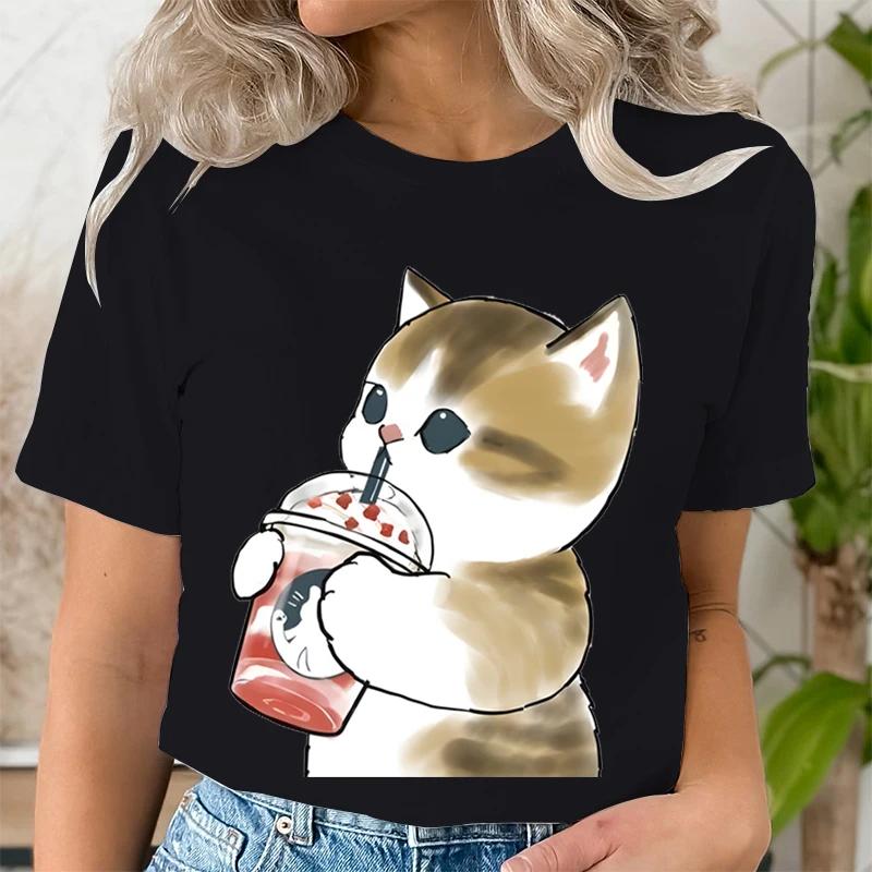 Women Boba Tea Cat Print Casual Clothes Tee Tshirt Fashion Female Tops Mujer Camisetas Ladies Anime Cartoon Graphic TShirt Tops