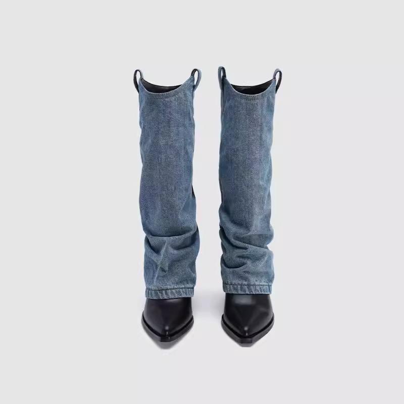 Pointed pleated high-heeled piled boots women's autumn and winter new thick-heeled boots but knee-high cowboy boots