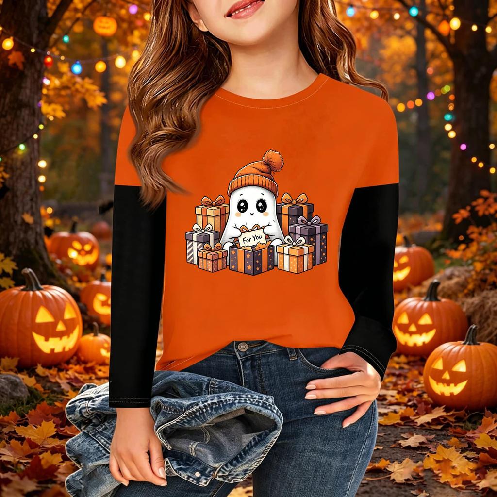 Children's Halloween Printed Long Sleeve Round Neck Casual Base Layer Shirt for Boys and Girls