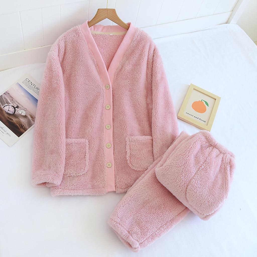 Ladies' Casual And Comfortable V-neck Warm And Plush Home Clothes Cardigan Sleepwear And Pants Set