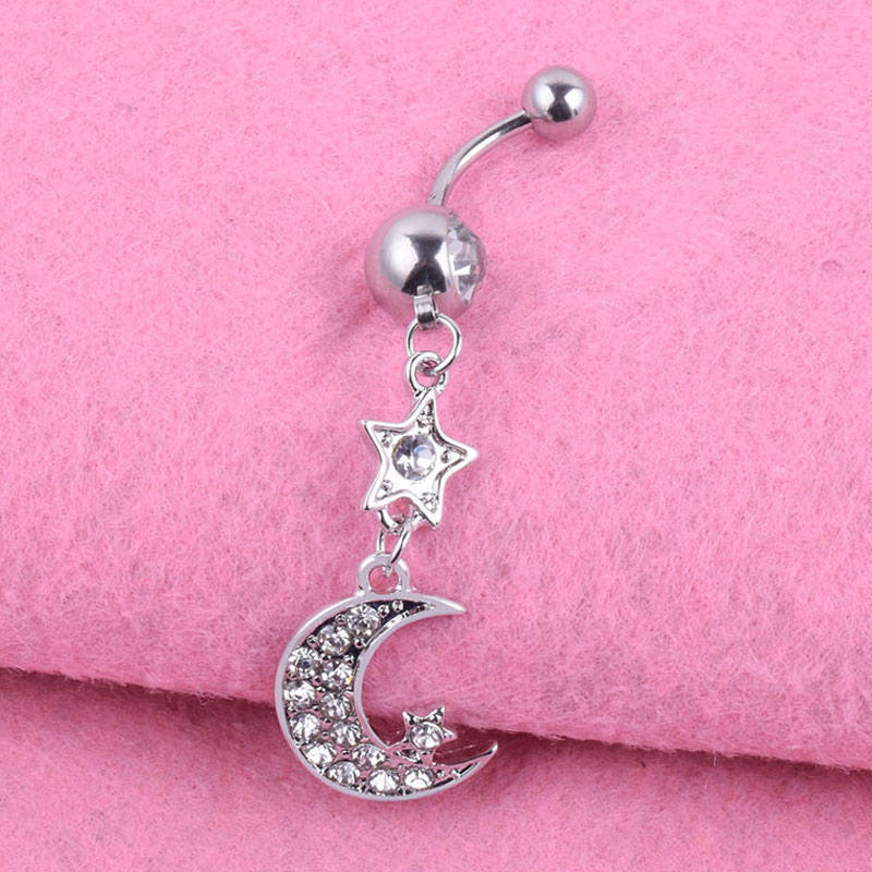 Punk Crystal Moon Dangle Navel Piercing Rings Body 316L Surgical Steel Belly Button Ring Jewelry