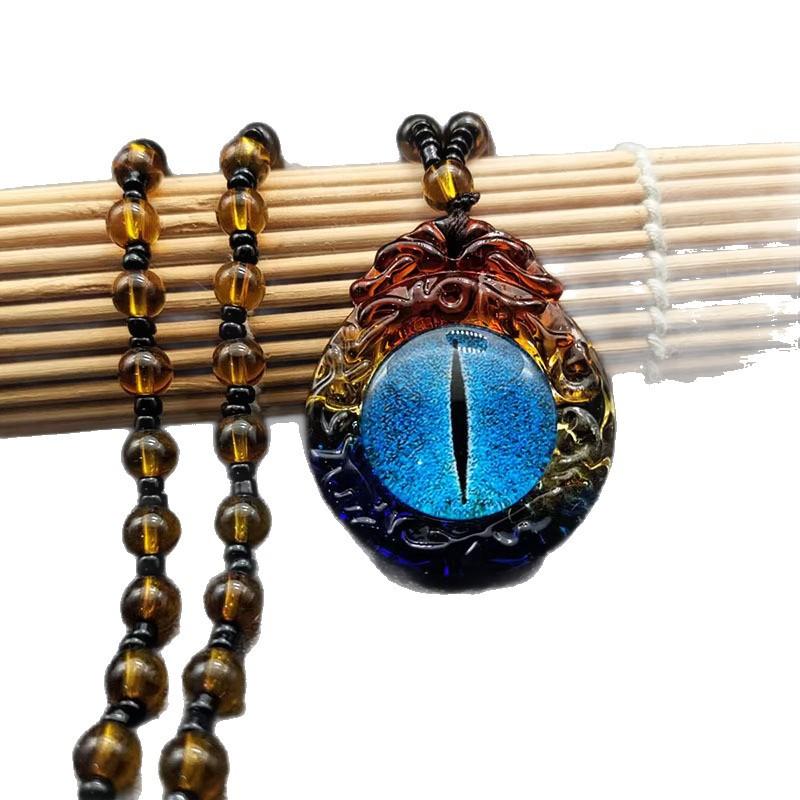 Ethnic Style New Three-color Glass Necklace Women's Sky Eye Pendant Tibetan Glass Pendant Simple Sweater Chain