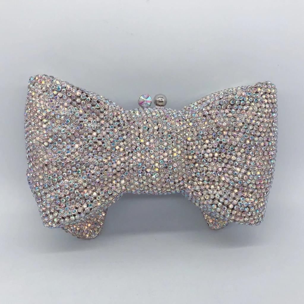 WHTUOHENG Borsa da sera a forma di fiocco con strass argentati Lusso Diamante Party Clutches Borsa da sposa da donna Borse da ballo per signora