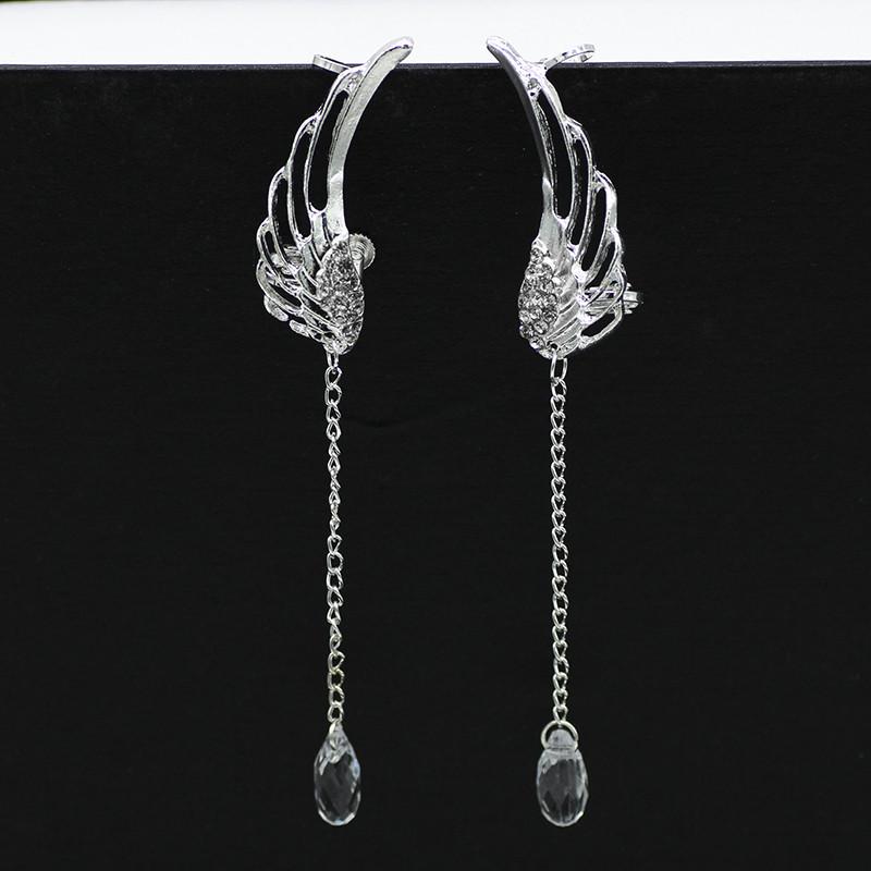 Boucles d'oreilles longues ailes d'ange creuses pour femmes, 2 pièces, jolis strass en cristal, Clip de manchette, bijoux en diamant