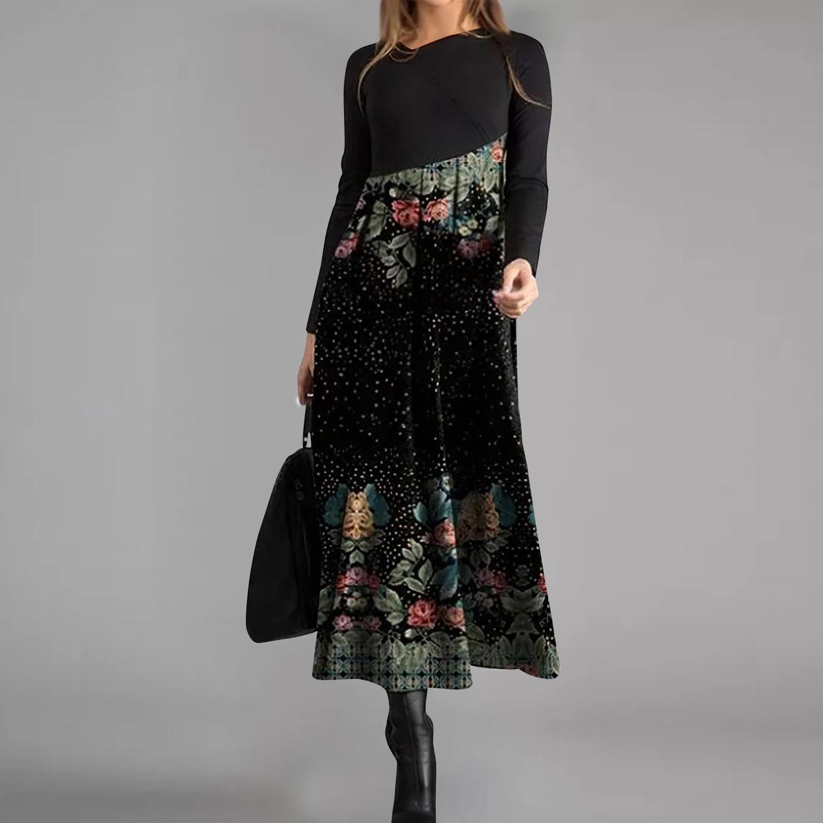 

Женское повседневное платье макси с длинным рукавом и принтом в стиле бохо L чёрный