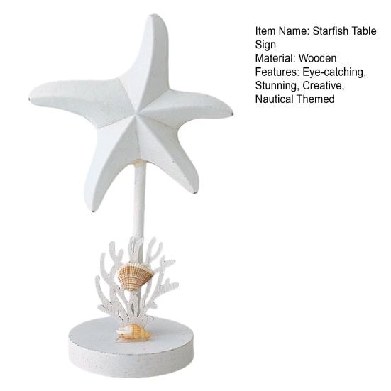 Nautical Themed Starfish Table Decor Coastal Beach Wooden Starfish Figurine Vintage Ocean Block Sign with Wood Base for Living Room Bedroom