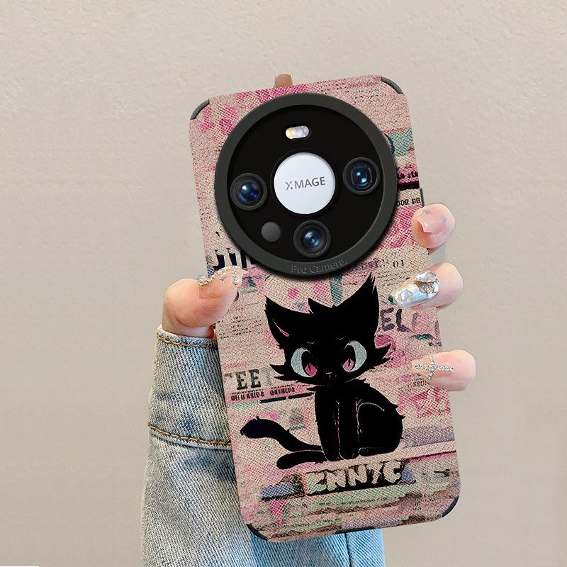 Trendy brand black cat is suitable for Huawei mate60pro mobile phone case lambskin p70 retro 50/40 premium glory 200.