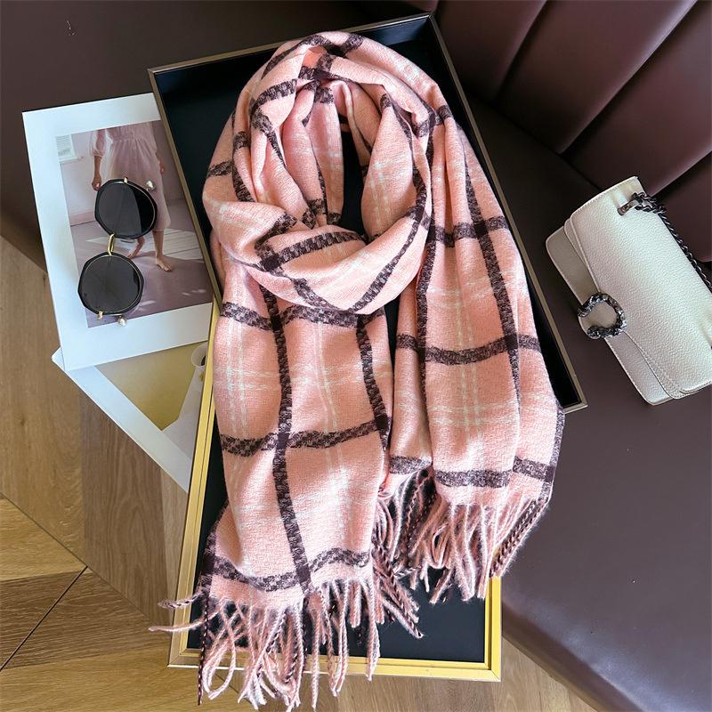 Winter Women Warm Scarf Cashmere Thicken Plaid Stripe Pattern Shawl Outdoor Travel Pashmina Neckerchief Foulard