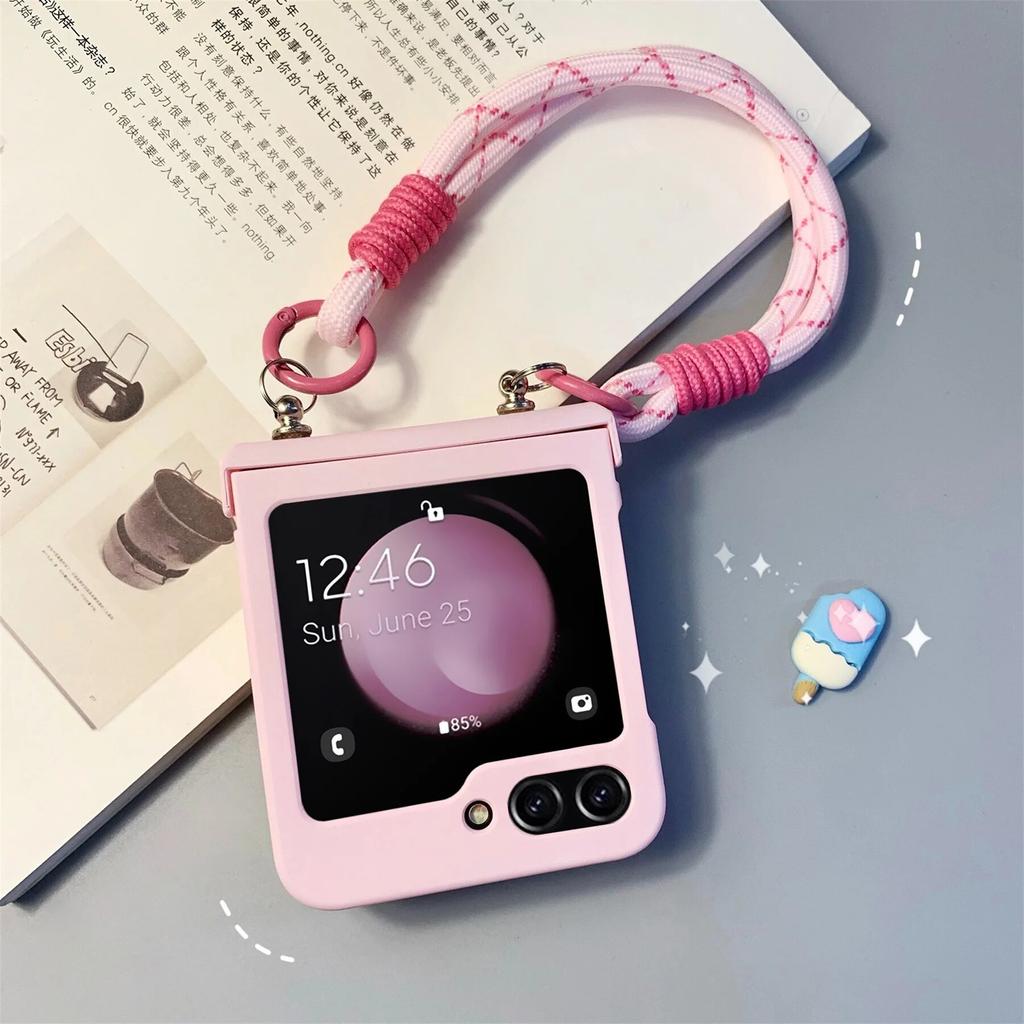 Fashion Simple Pink Love Portable Rope Chain Case for Samsung Galaxy Z Flip 5 Flip3 ZFlip4 Wrist Strap Shockproof Back Cover