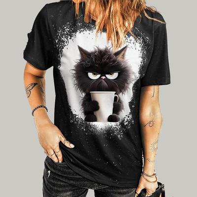Fashion Women Angry Cute Cat Print T Shirt Funny Casual O-neck Short Sleeves T-shirt Summer Female Tee Shirt