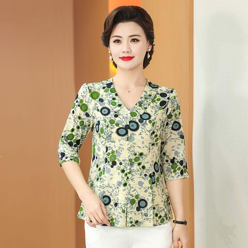 New Summer Fashion Print Loose Middle Aged and Elderly Slimming Stylish Mom's 3/4 Sleeve Top T-shirt
