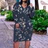 Women Plus Size V Neck Long Sleeve Blue Floral Printed Fitted Straight Dress