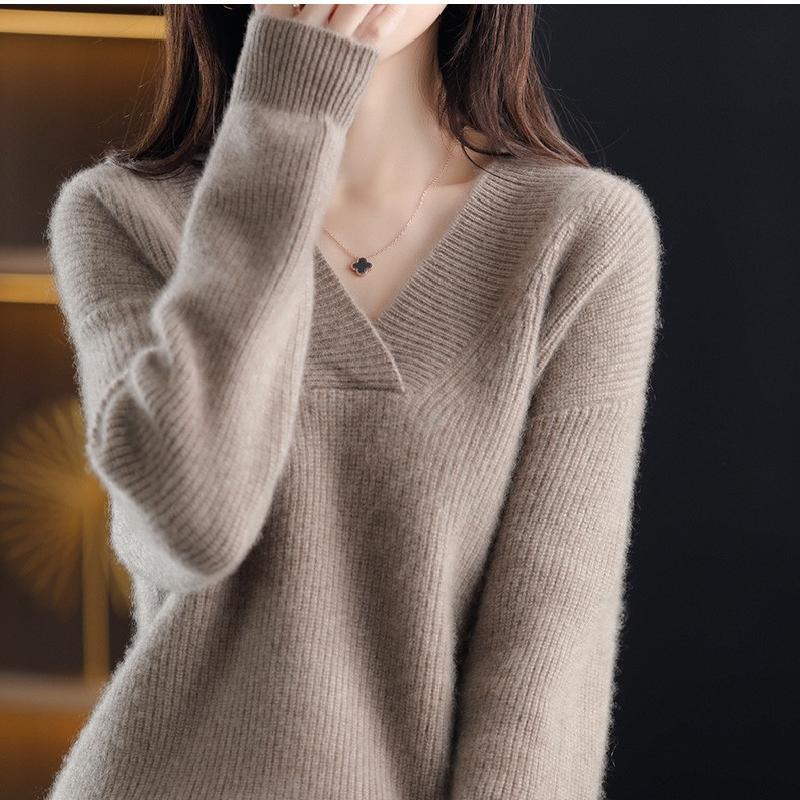 Autumn and Winter New V-neck Pullover Sweater Women's Fashion Loose Simple Knitted Thickened Tops Elegant Casual Solid Color Office Clothing