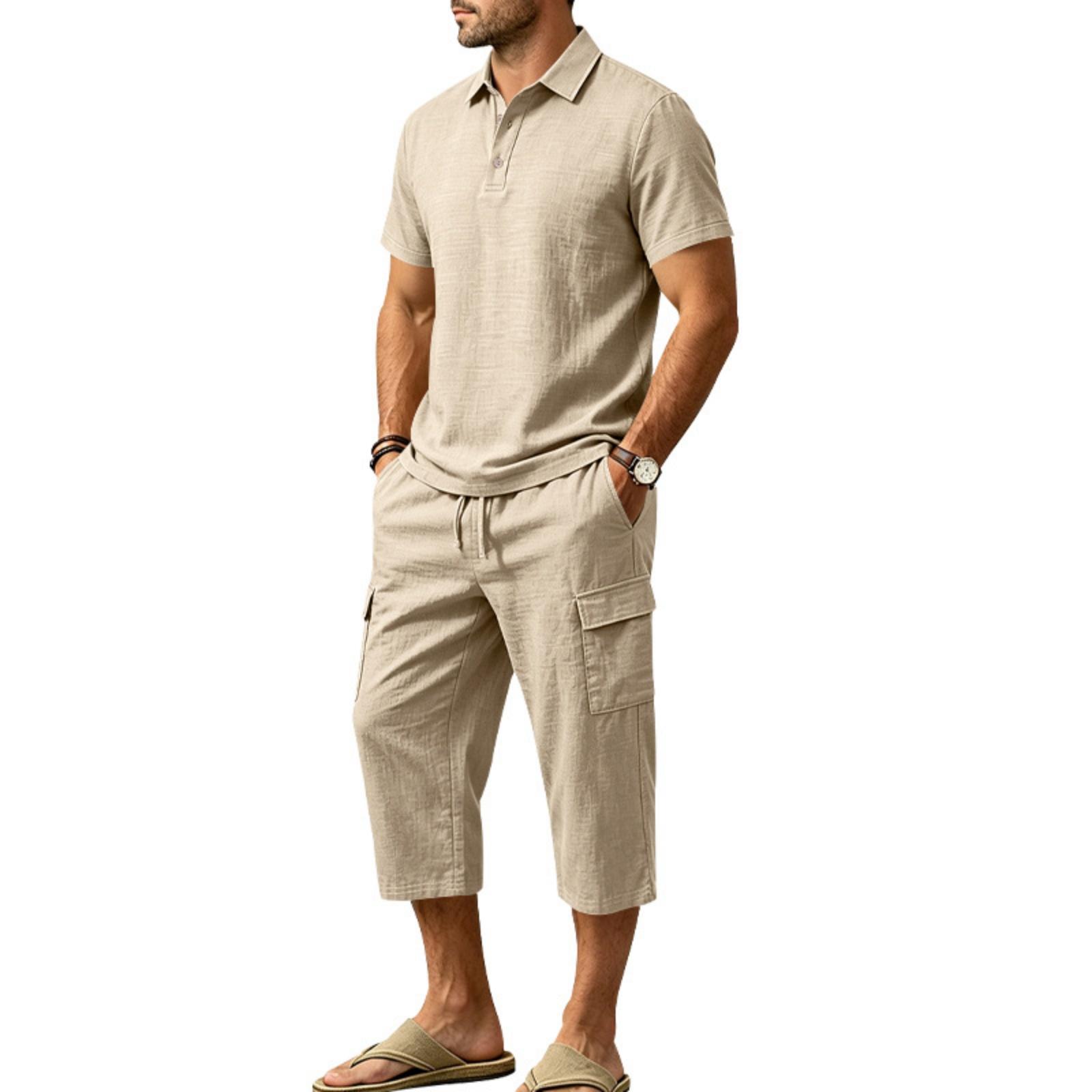 Herren Leinen Kurzarm und Cargo Shorts Set, Entspannte Passform Sommerurlaub Outfit für Strand und Alltag XL khaki