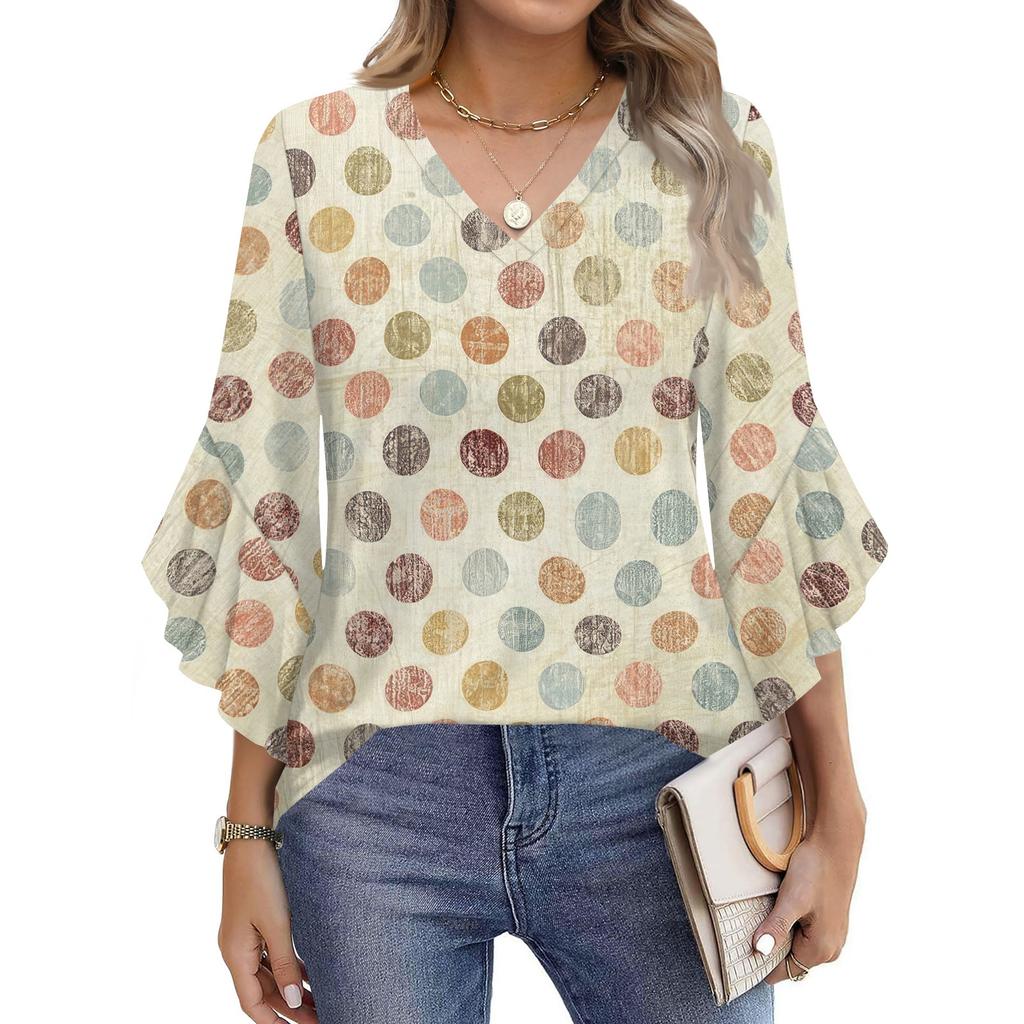 Blouses For Women Dressy Casual 3/4 Length Sleeve Womens Tops V Neck Tshirts Shirts With Flared Sleeve
