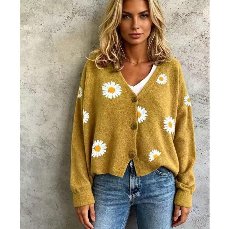 Cardigan Maglione da Donna S con Scollo a V e Manica Lunga a Maglia con Motivo Floreale