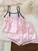 Girls Pink & White Striped Bow Sweet Fashion Minimalist Pattern Print Faux Silk Camisole Top And Shorts Comfortable 2-Piece Loungewear Set